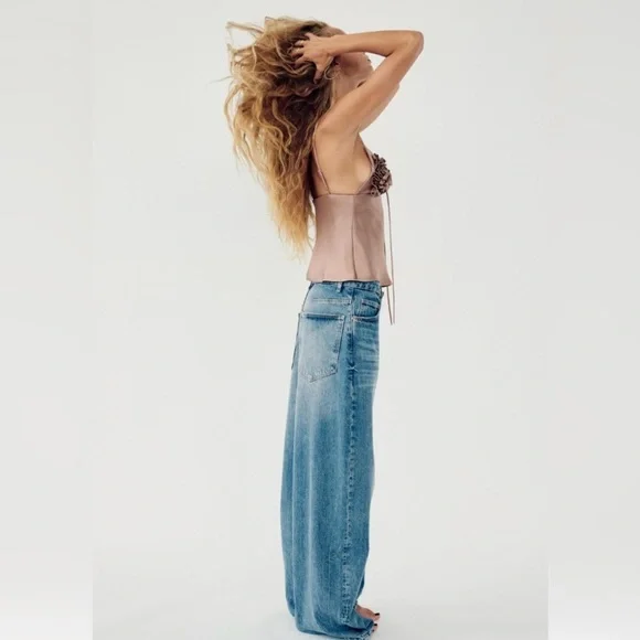 ZARA RUFFLED SATIN EFFECT TOP SZ XL | LIGHT BROWN - Picture 4 of 9